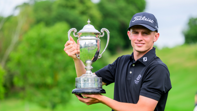 (Credit Leaderboard Photography): Tyler Weaver enjoys the moment at the Carris trophy after sealing the biggest win of his career to date